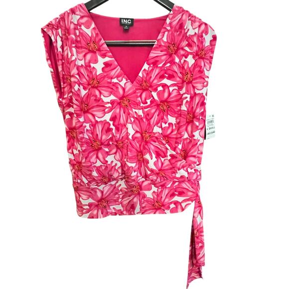INC International Concepts Top XS NWT Pink Floral Wrap Tie Sleeveless Blouse - Picture 2 of 9